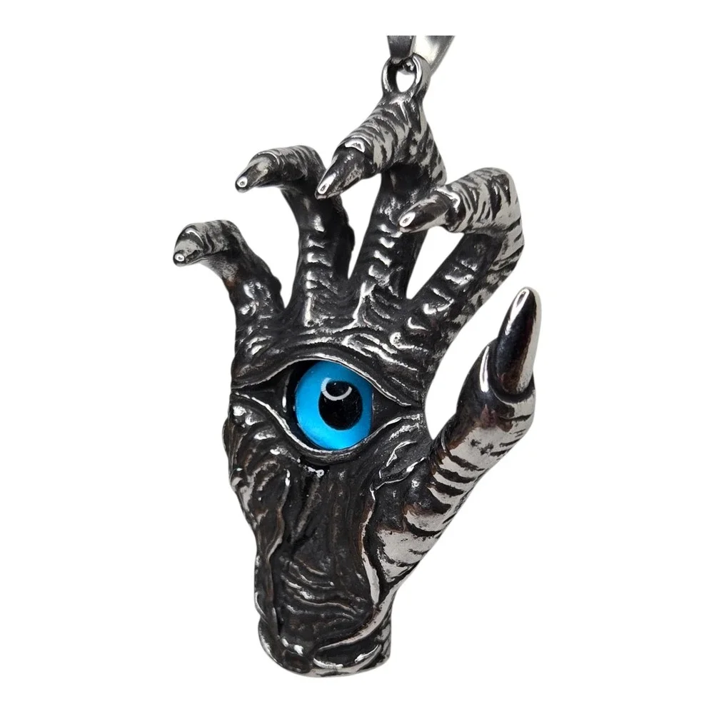 Vintage Monster Hand Necklace Metal Silver Tone Evil Eye Goth Punk Pendant